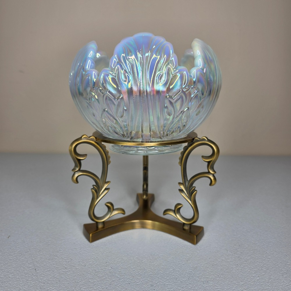 Fenton Glass Rose Bowl French Opalescent Iridescent White Brass Stand 5371 FM